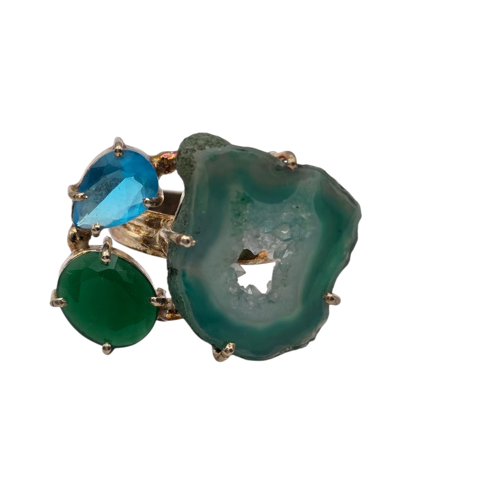 Artisan Druzy Slice Ring With Rhinestones Gold Tone 8.5